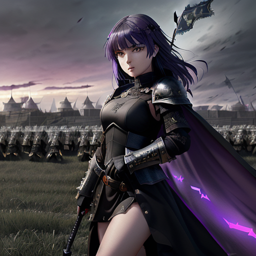 Lily stands at the forefront of her army, adorned in armor, her determined gaze fixed upon the towering fortress where the malevolent ruler awaits, as her rebel army marches beside her with banners flying high.